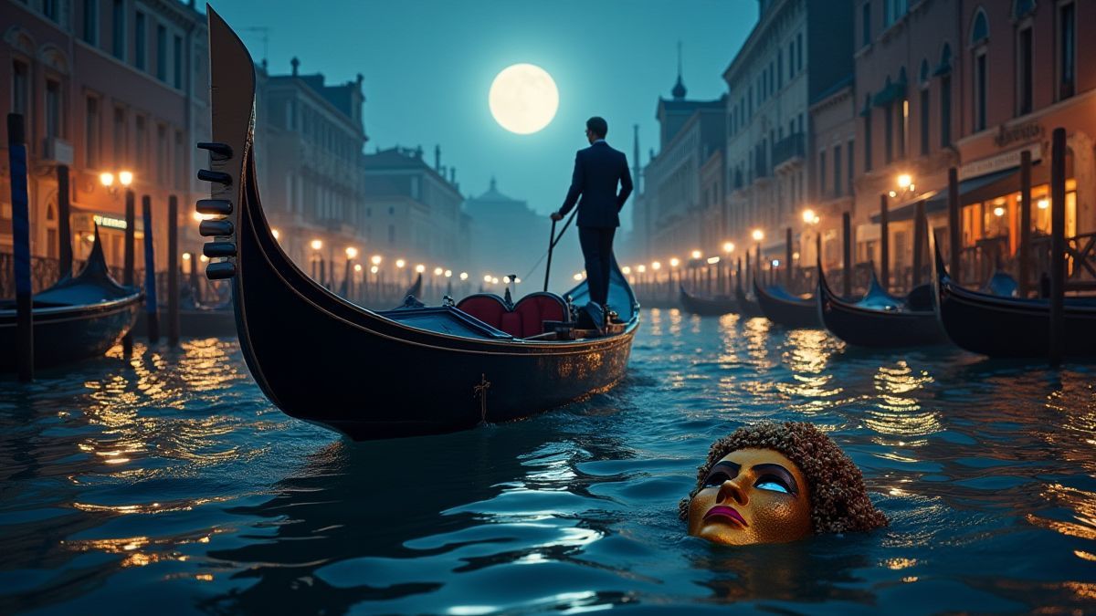 Una góndola navegando por un canal veneciano bajo la luz de la luna.