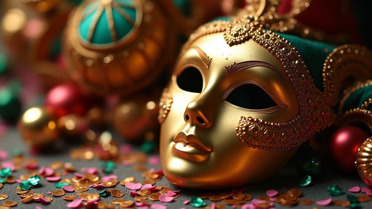 Máscara dorada rodeada de confeti colorido.