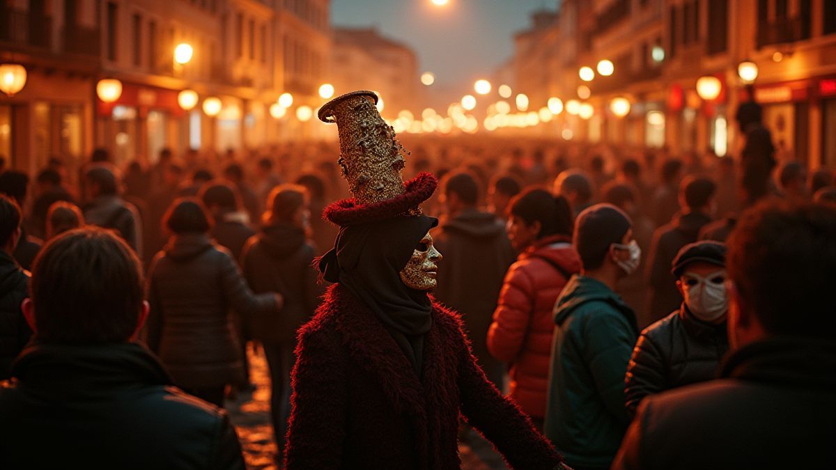 Escena animada de carnaval veneciano con personas celebrando.