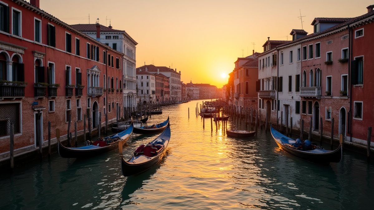 Um canal em Veneza com gôndolas e um pôr do sol refletido na água.