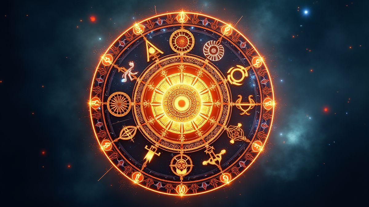 Uma roda do zodíaco iluminada com símbolos e cores vibrantes.