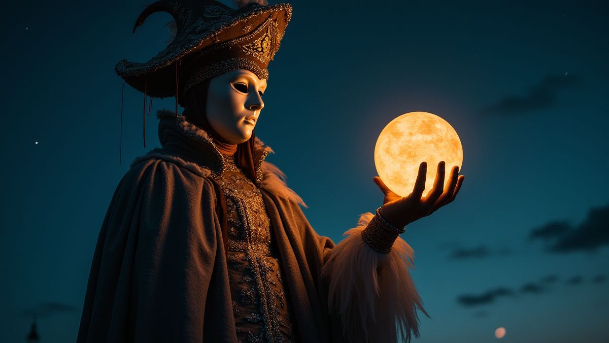 Uma figura veneziana emmascarada segurando um orbe luminoso sob um céu estrelado.