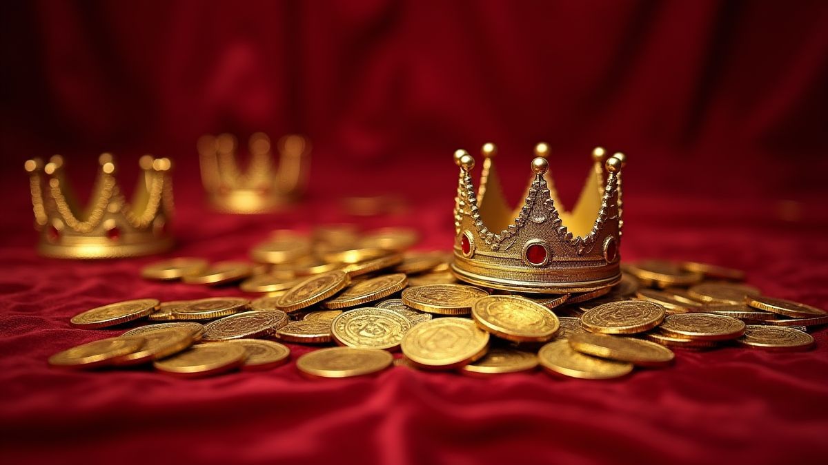Monedas doradas y coronas reales sobre terciopelo.