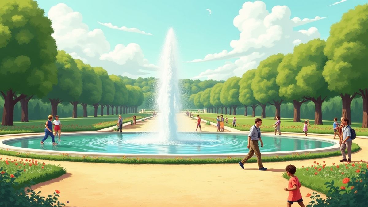 Los jardines de Versalles con fuentes y figuras reales.