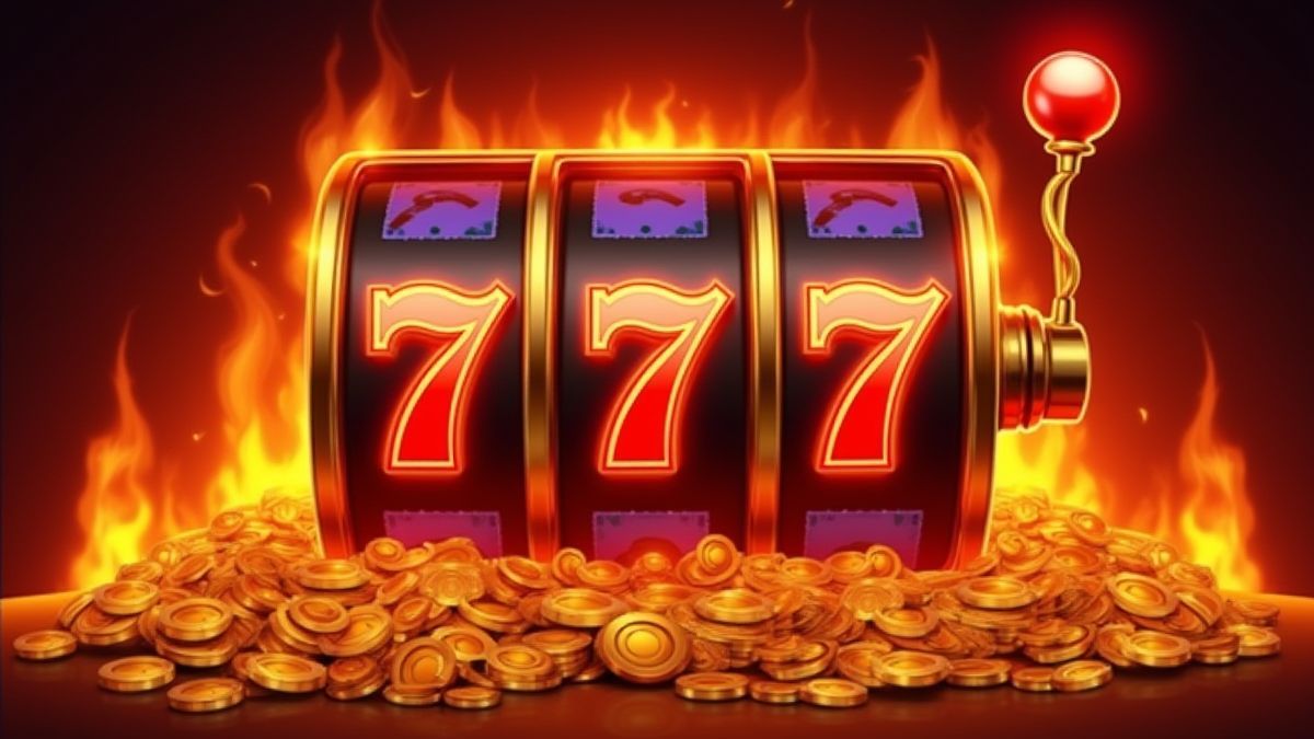 Carretes de slot brillantes rodeados de llamas y monedas doradas.