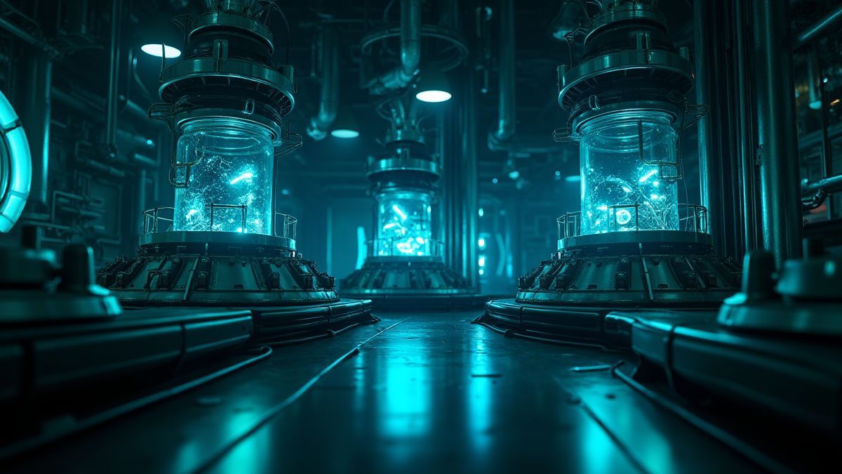 Reactores futuristas brillando con luces de neón.