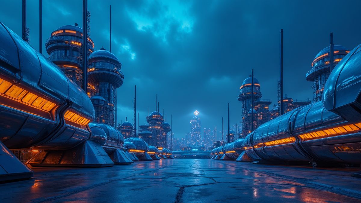 Estructuras metálicas futuristas con luces de neón.