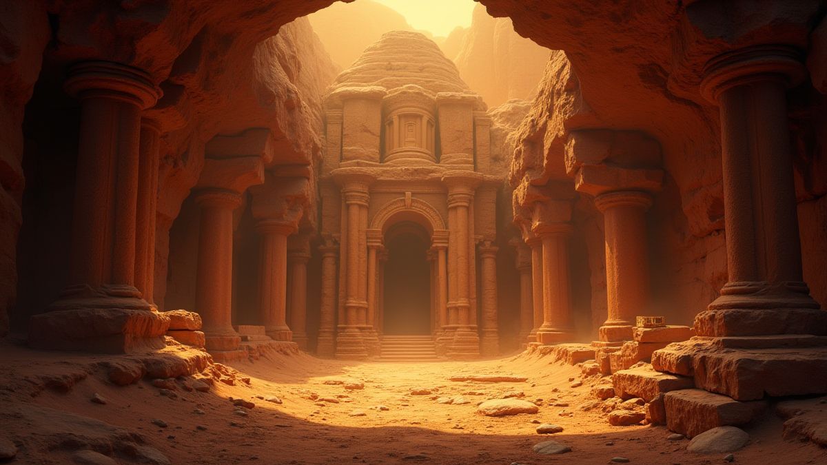 Un temple désertique ancien illuminé magiquement avec des trésors éparpillés.