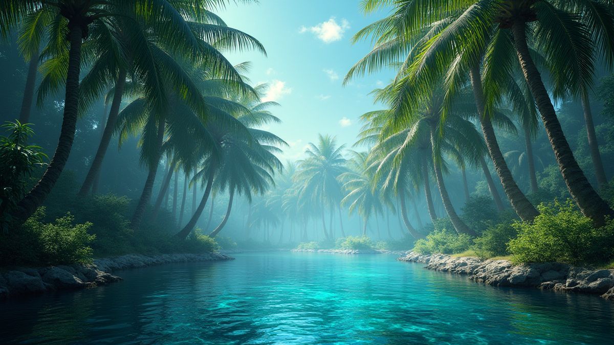 Un oasis mystique entouré de palmiers et d'eau scintillante.