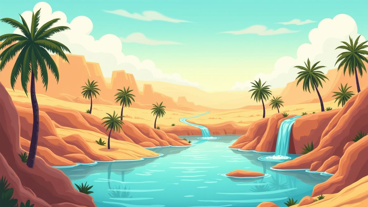An oasis in the middle of the desert with palm trees and waterfalls.