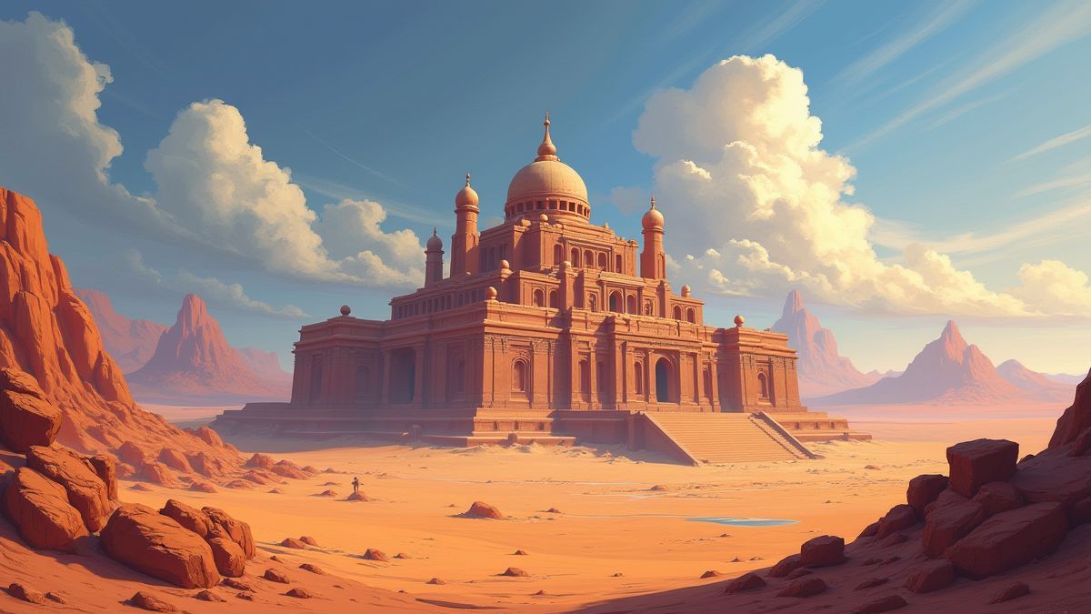 A mystical temple hidden in a desert landscape.