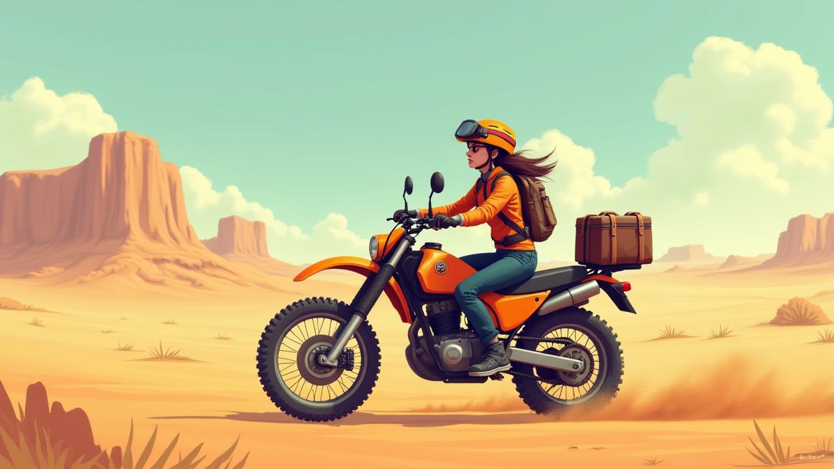 A female adventurer riding a motorbike in the middle of the desert.