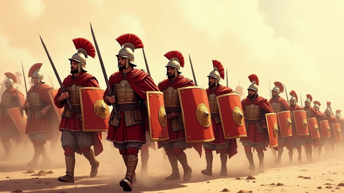 Soldados romanos marchando con escudos y espadas.