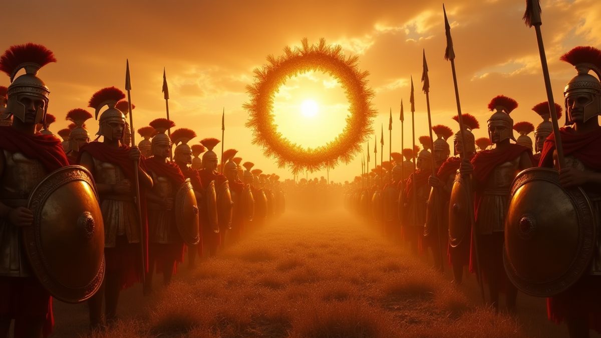 Coronas de laurel doradas brillando en un campo de batalla romano.