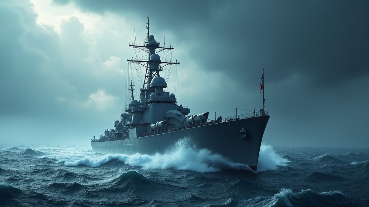 Barco naval navegando por mares tempestuosos bajo un cielo dramático.