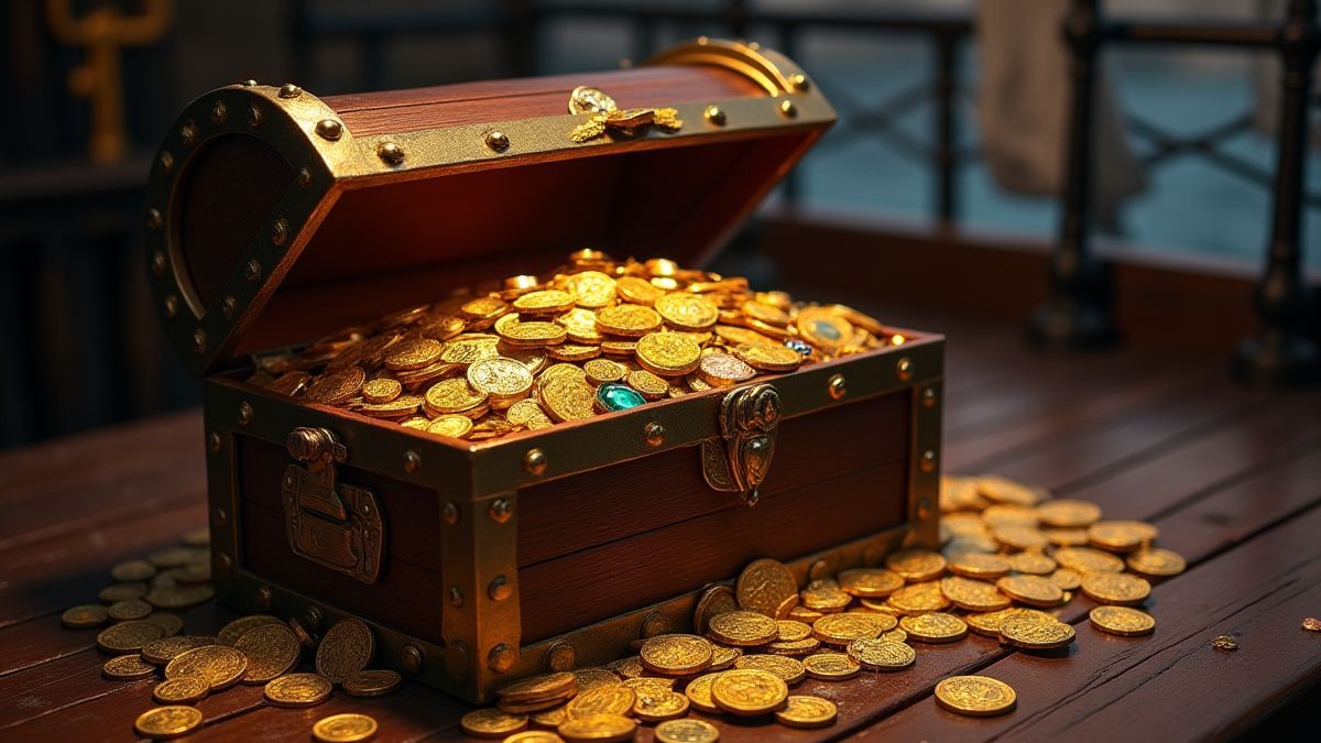 Cofre del tesoro lleno de monedas de oro y joyas en la cubierta de un barco.
