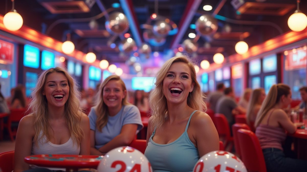 Uma sala de bingo moderna com jogadores alegres.