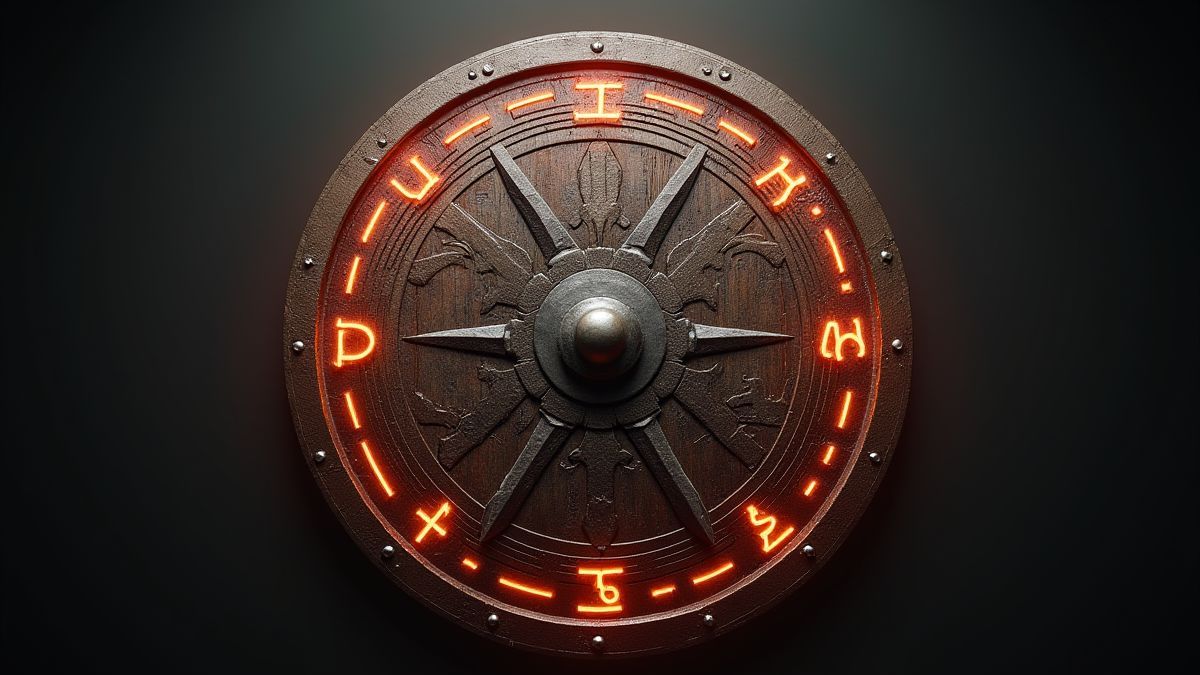 Un escudo vikingo rodeado de runas brillantes.