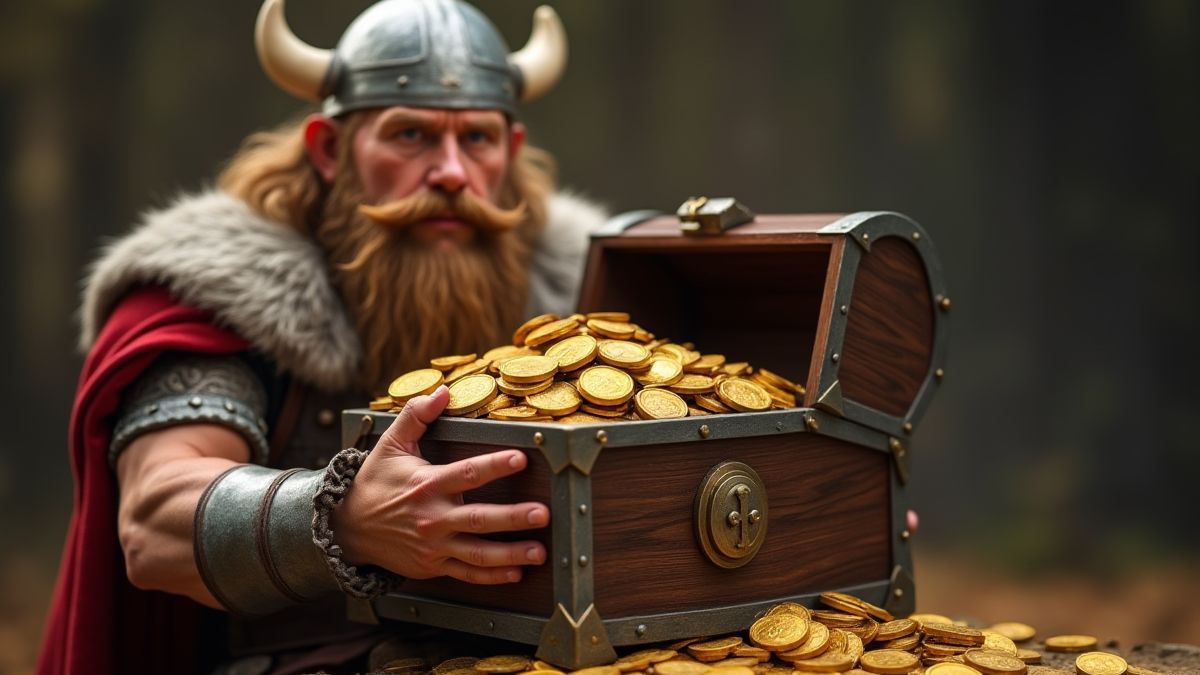 Un vikingo sosteniendo un cofre lleno de monedas de oro.