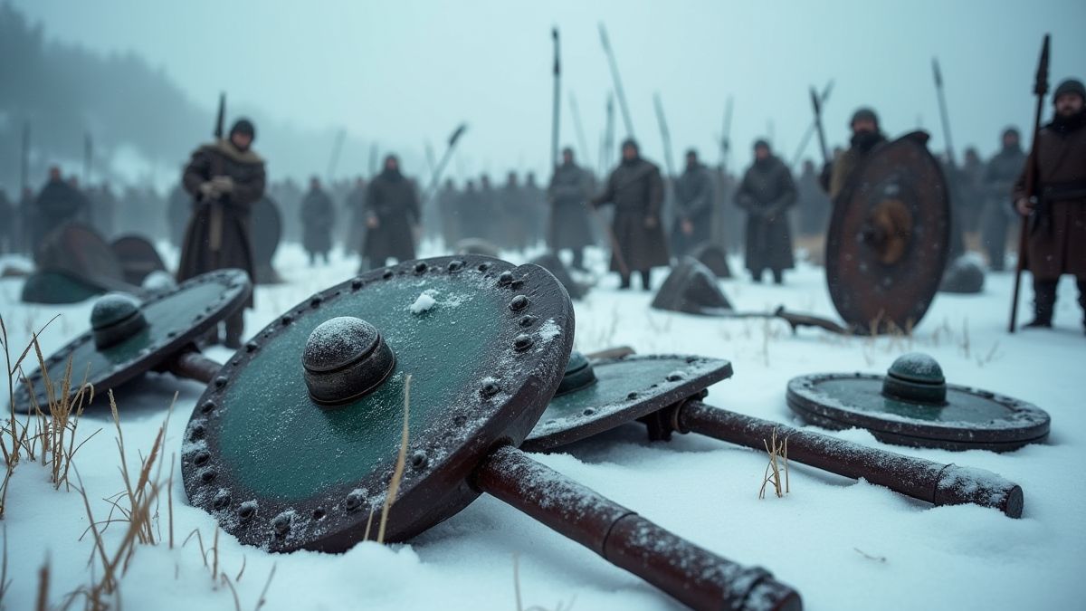 Escudos y espadas vikingas en un campo de batalla nevado.