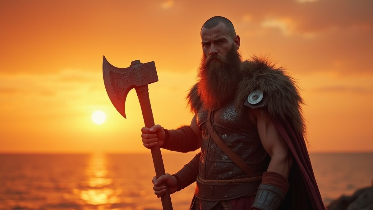 Guerrero vikingo sosteniendo un hacha con un atardecer de fondo.
