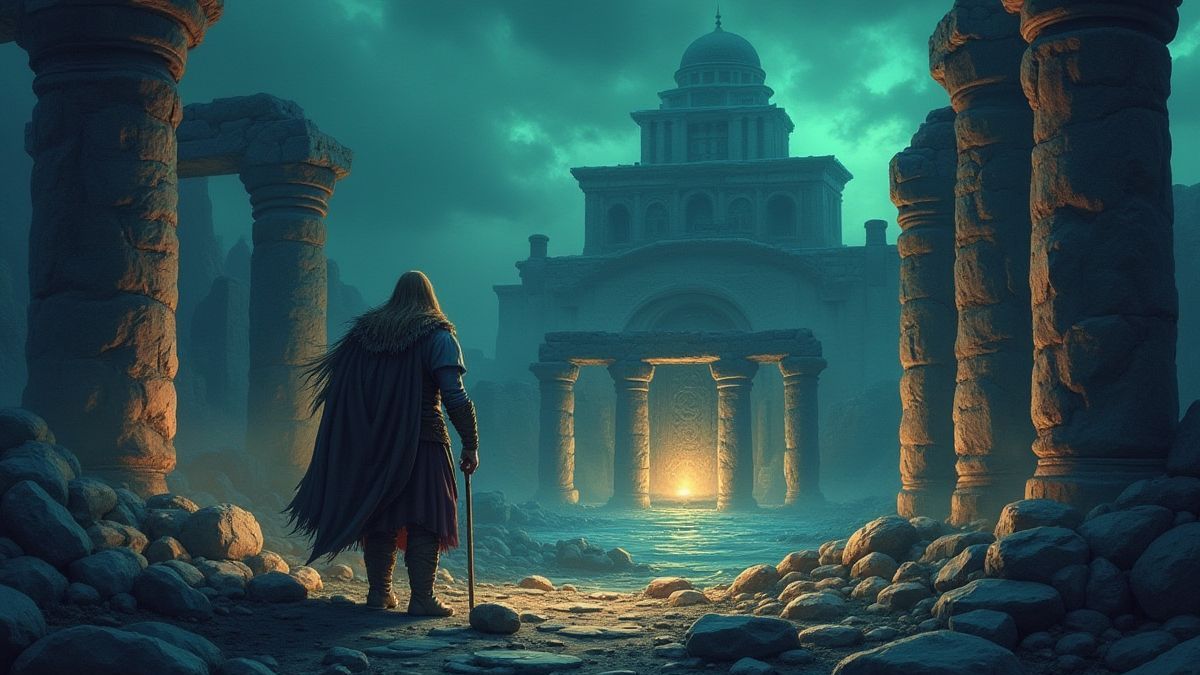 Viking exploration of ancient ruins with magical runes.