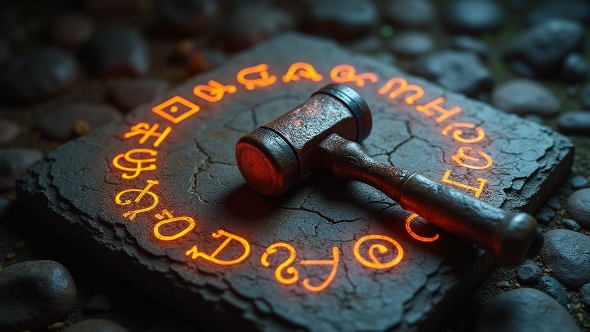 Viking hammer on a stone with glowing runes around.