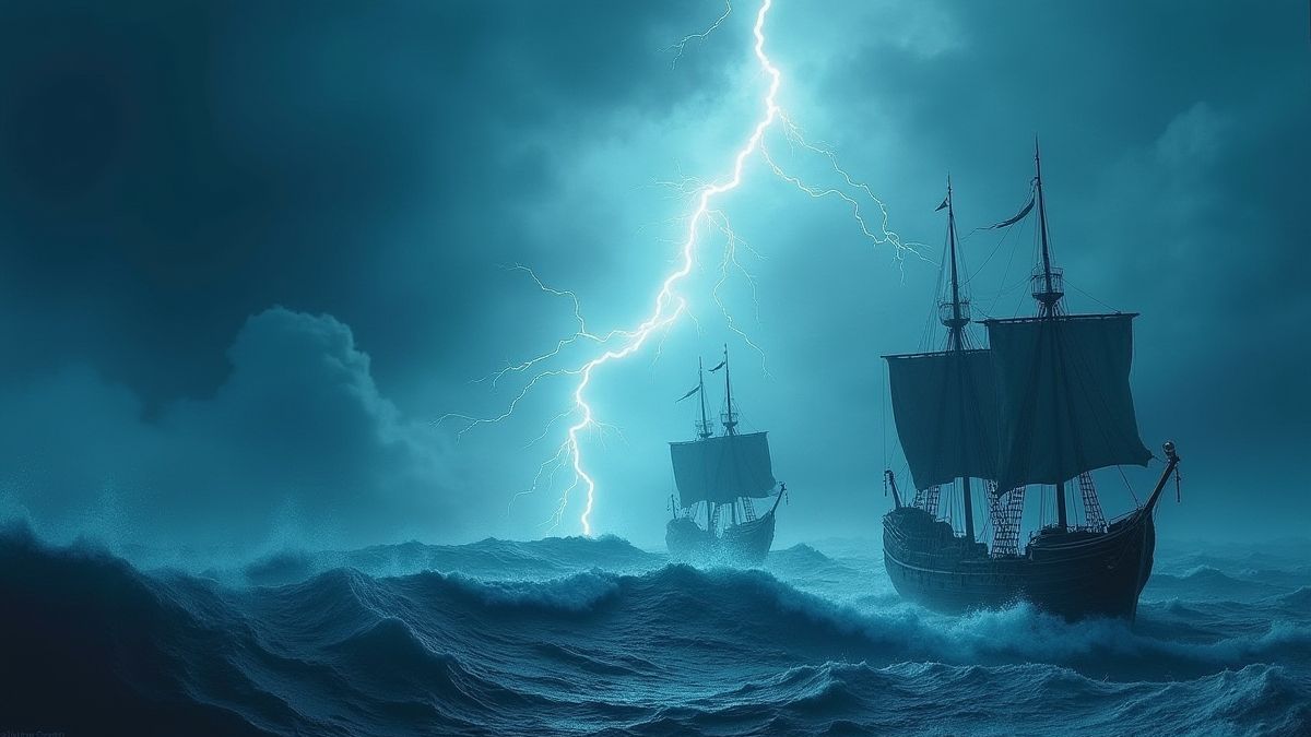 Viking ships facing stormy seas with lightning.