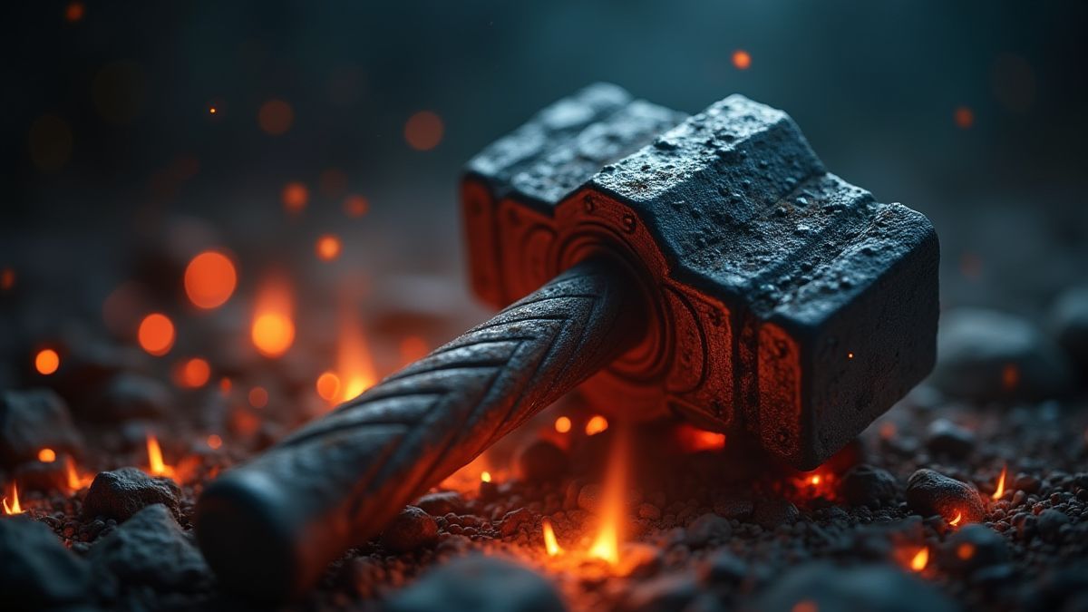 Ein Wikingerhammer umgeben von leuchtenden Effekten.