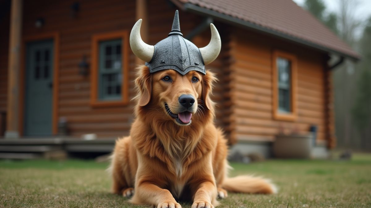 Ein Familienhund mit Wikingerhelm vor einem Holzhaus.