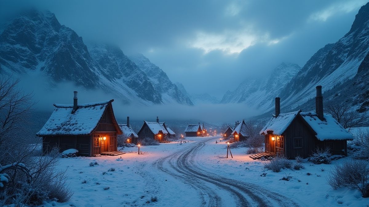Viking village with snowy mountains in the background.