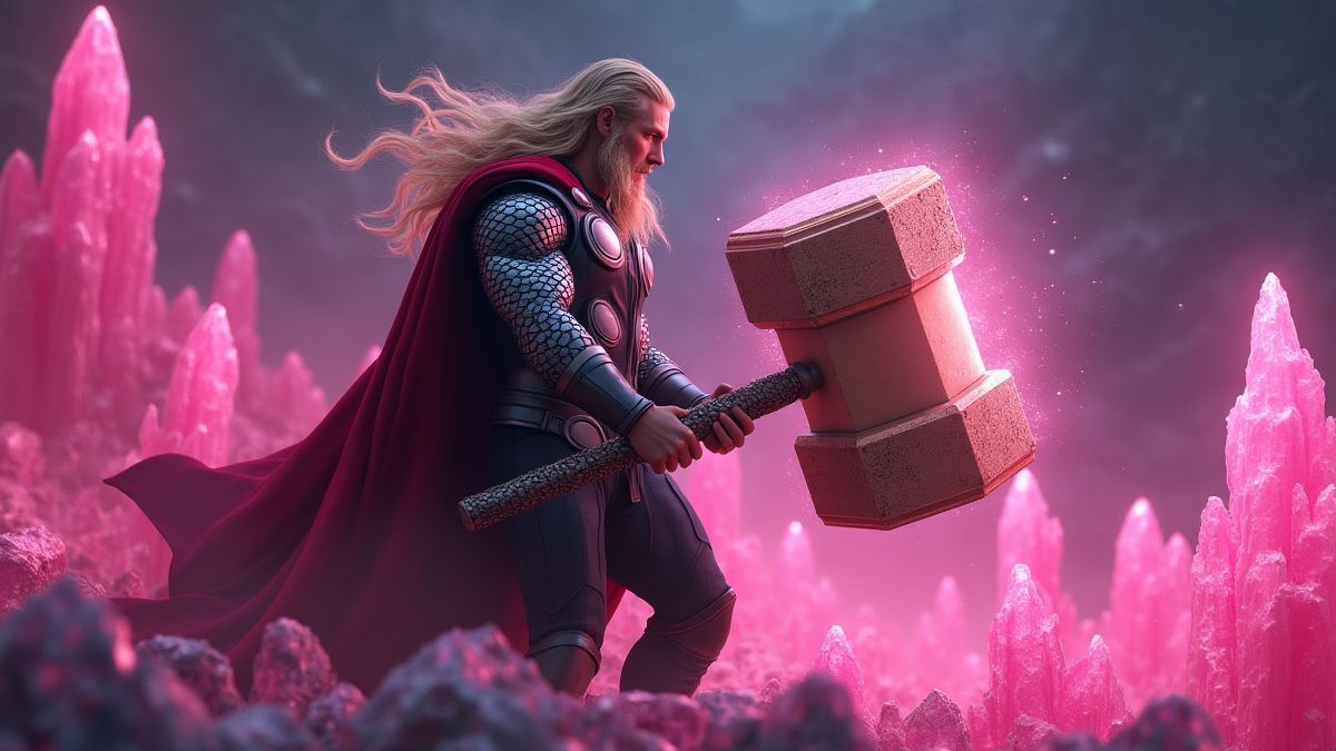 Thor with his glowing hammer and Loki with magical crystals.