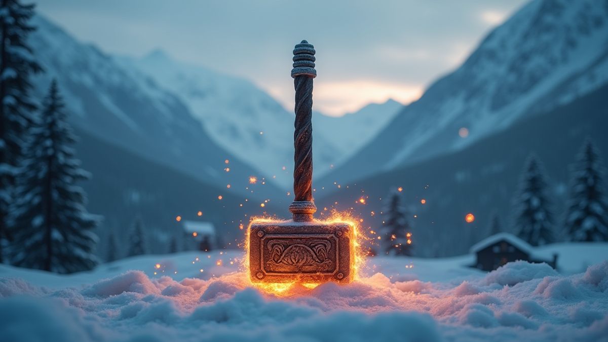 Glowing Viking hammer with a snowy mountain background.