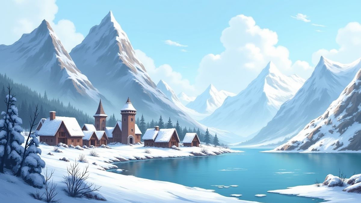 Un pueblo vikingo rodeado de montañas nevadas y un lago congelado.