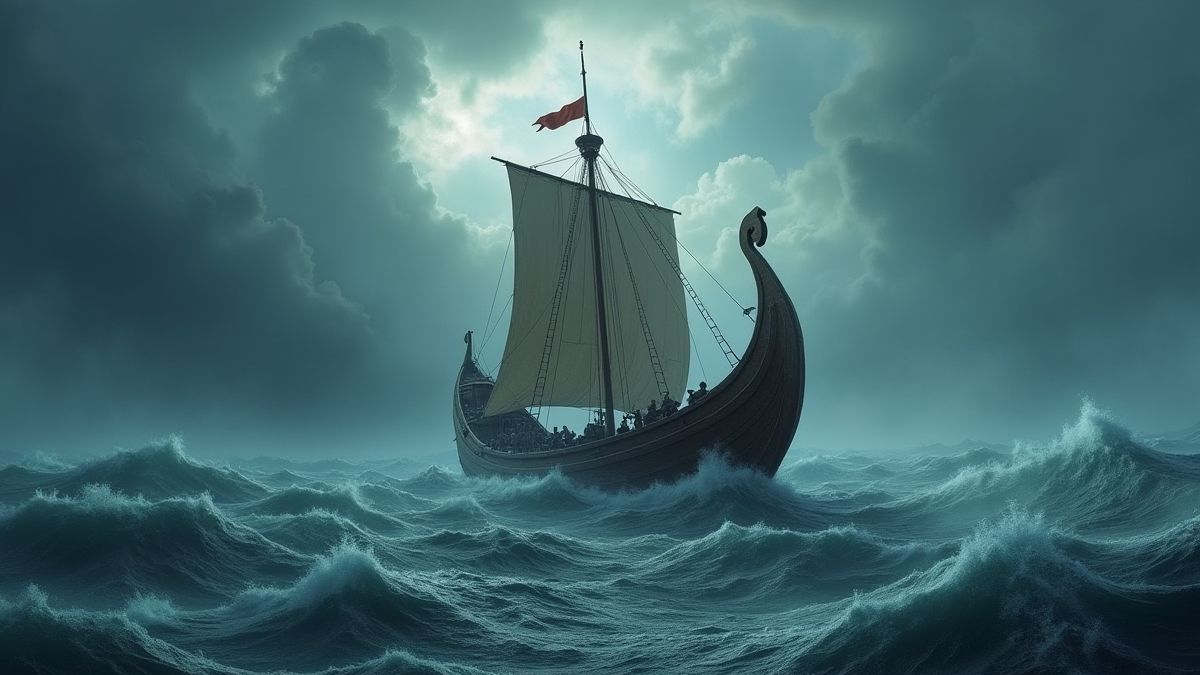 Un barco vikingo navegando por mares tormentosos bajo un cielo dramático.