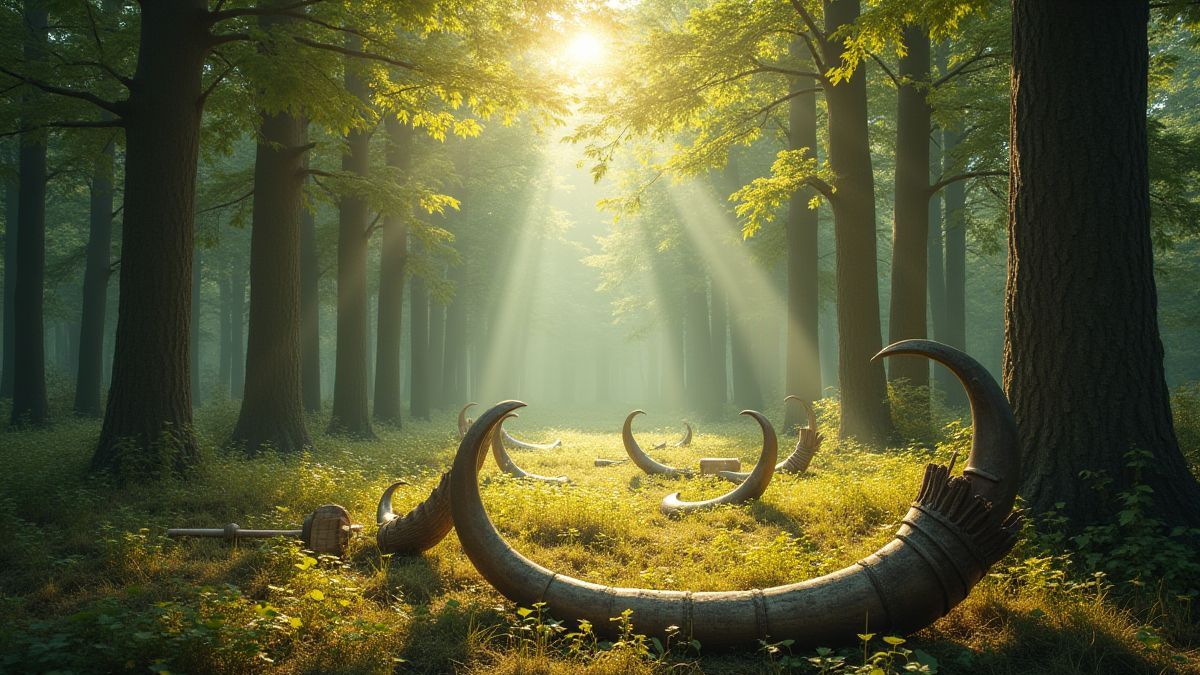 A sunny forest with Viking objects like horns and axes.