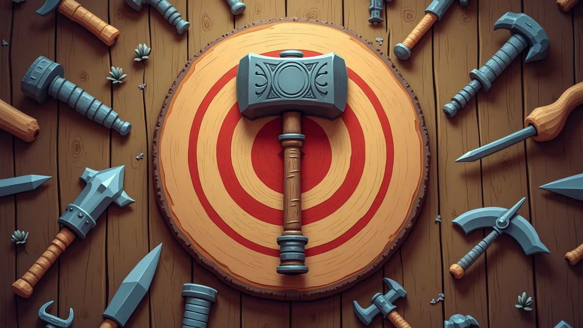 A Viking hammer on a wooden target surrounded by cartoon weapons.