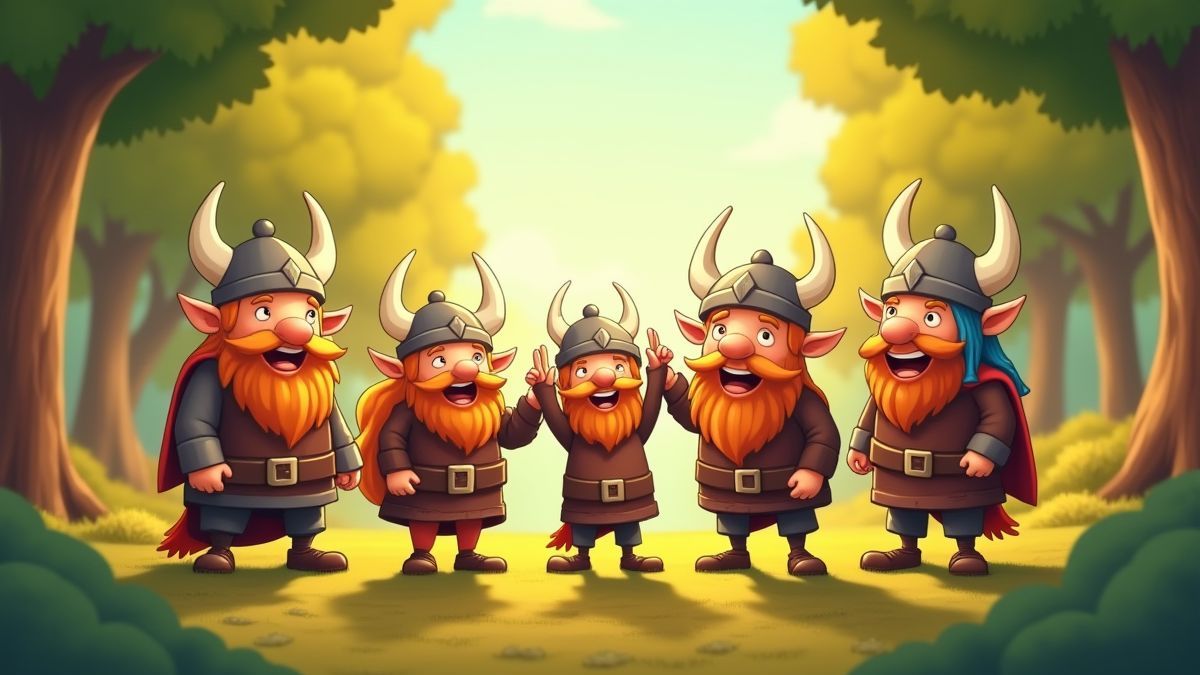 Cartoon Viking characters celebrating in a sunny forest.