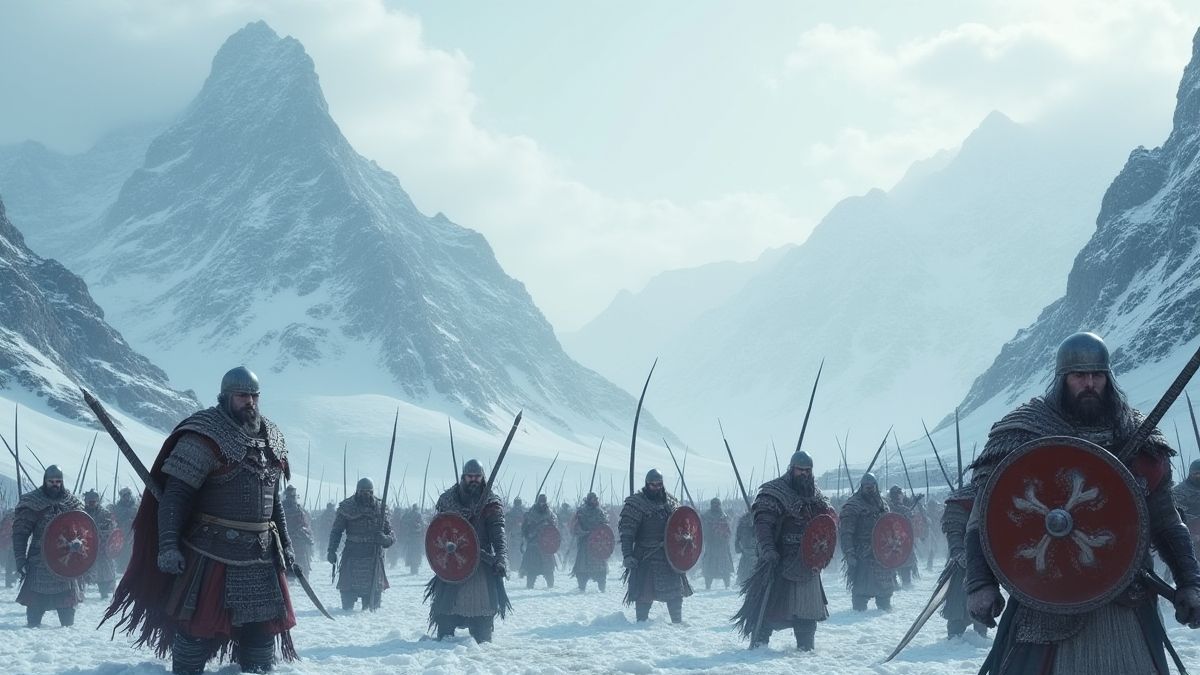 Campo de batalla nórdico con escudos y montañas nevadas.