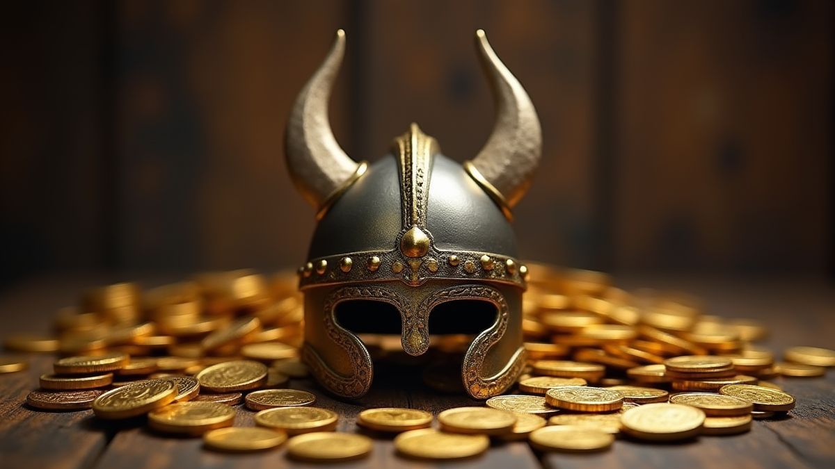 Capacete viking rodeado de moedas de ouro.