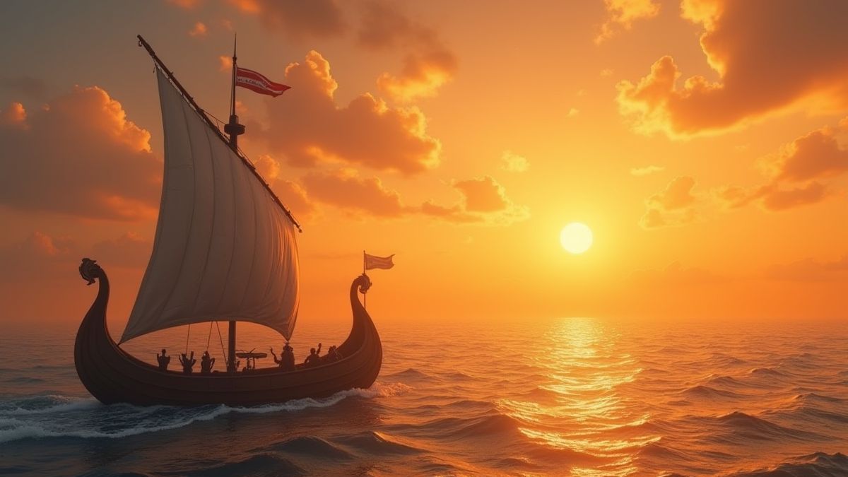 Barco viking navegando em direção a um pôr do sol dourado.