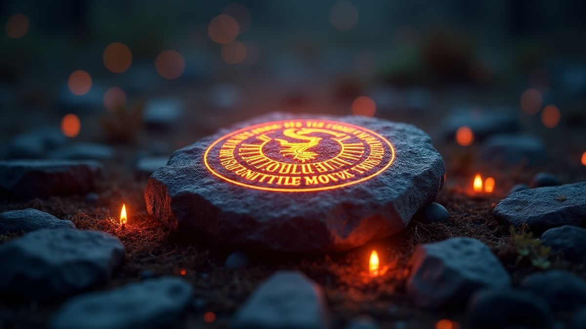Leuchtende Wikinger-Rune umgeben von nordischen Symbolen.