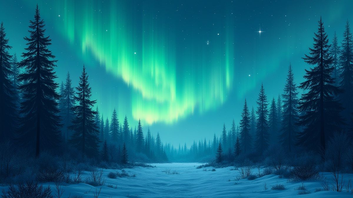 Forêt nordique sous l'aurore boréale avec des runes vikings magiques.