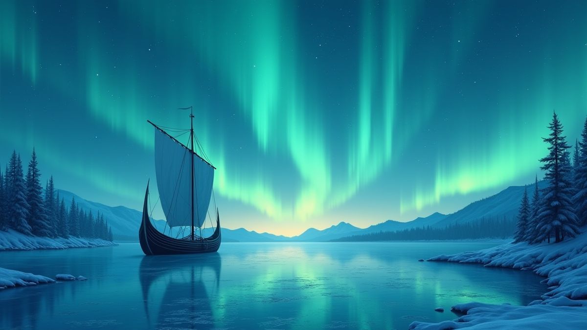 Aurora boréale sur un bateau viking dans un lac gelé nordique.