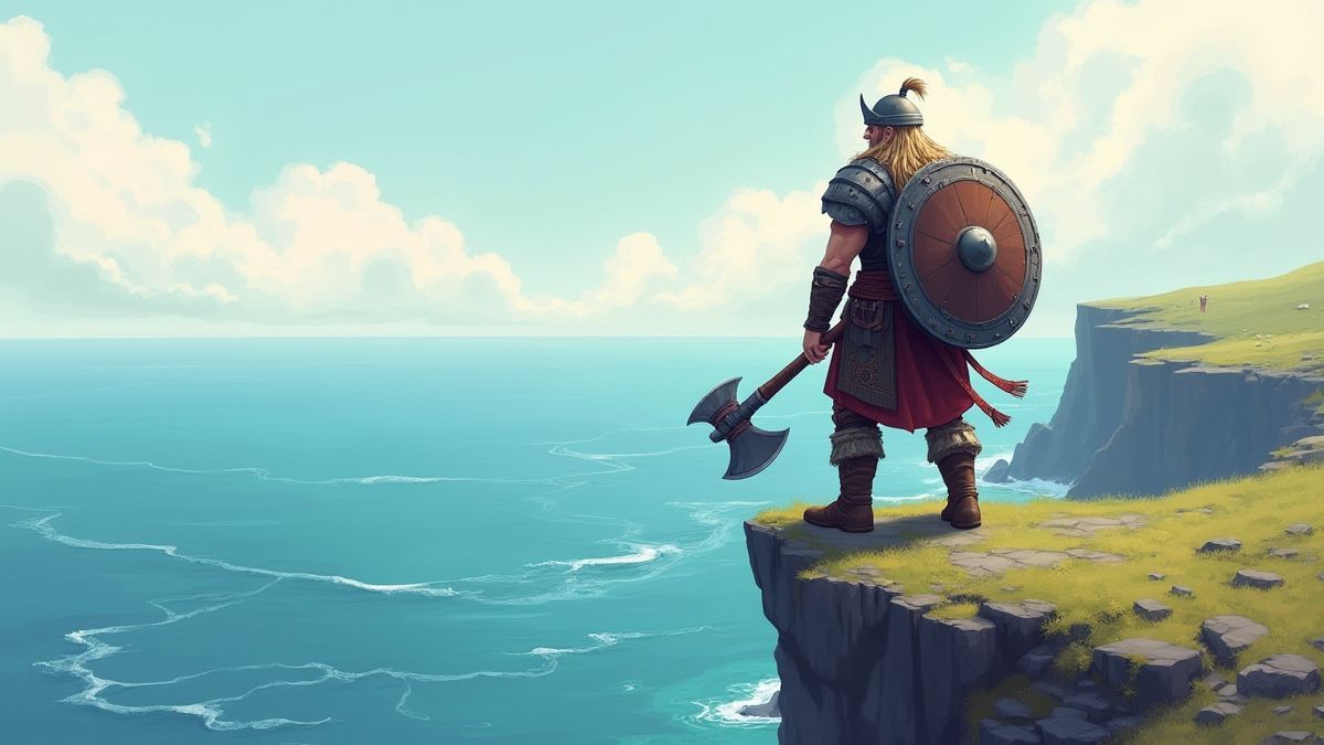 Wikinger-Krieger mit Axt und Schild auf einer Klippe.