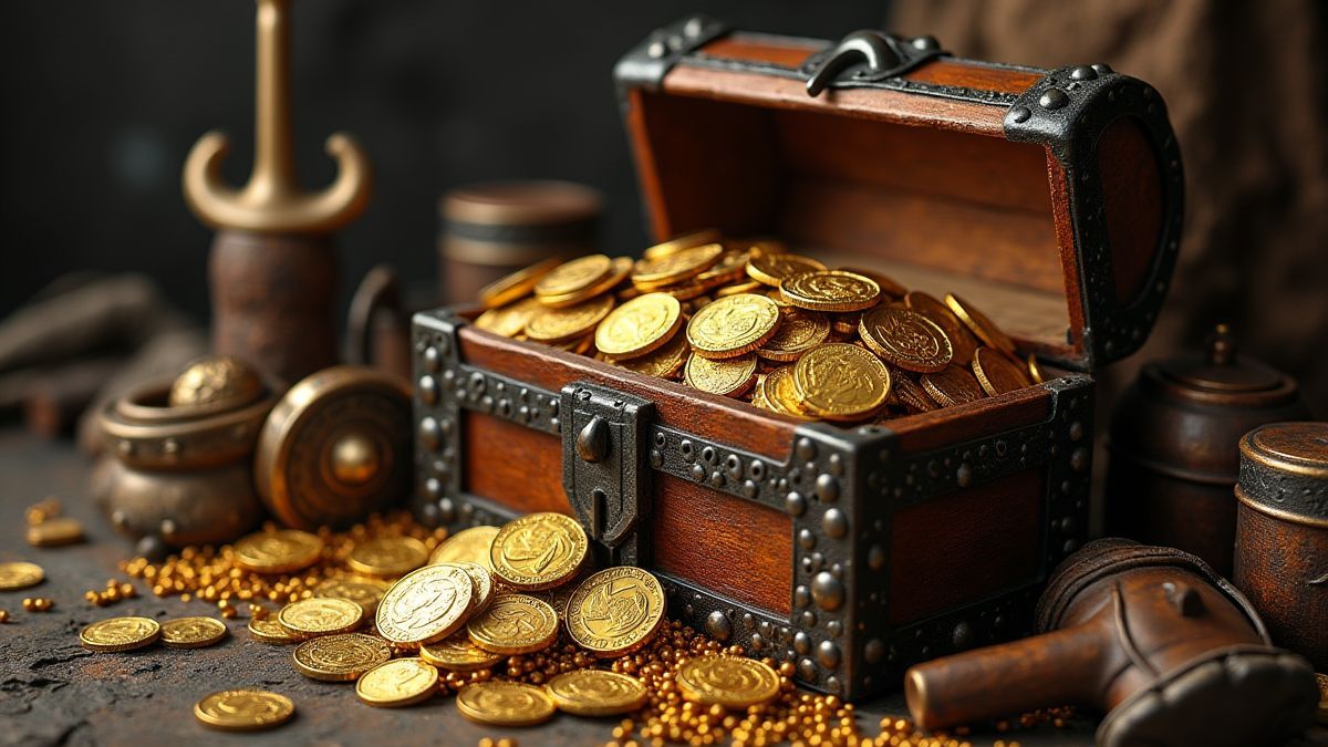 Schatztruhe voller Münzen und Juwelen.