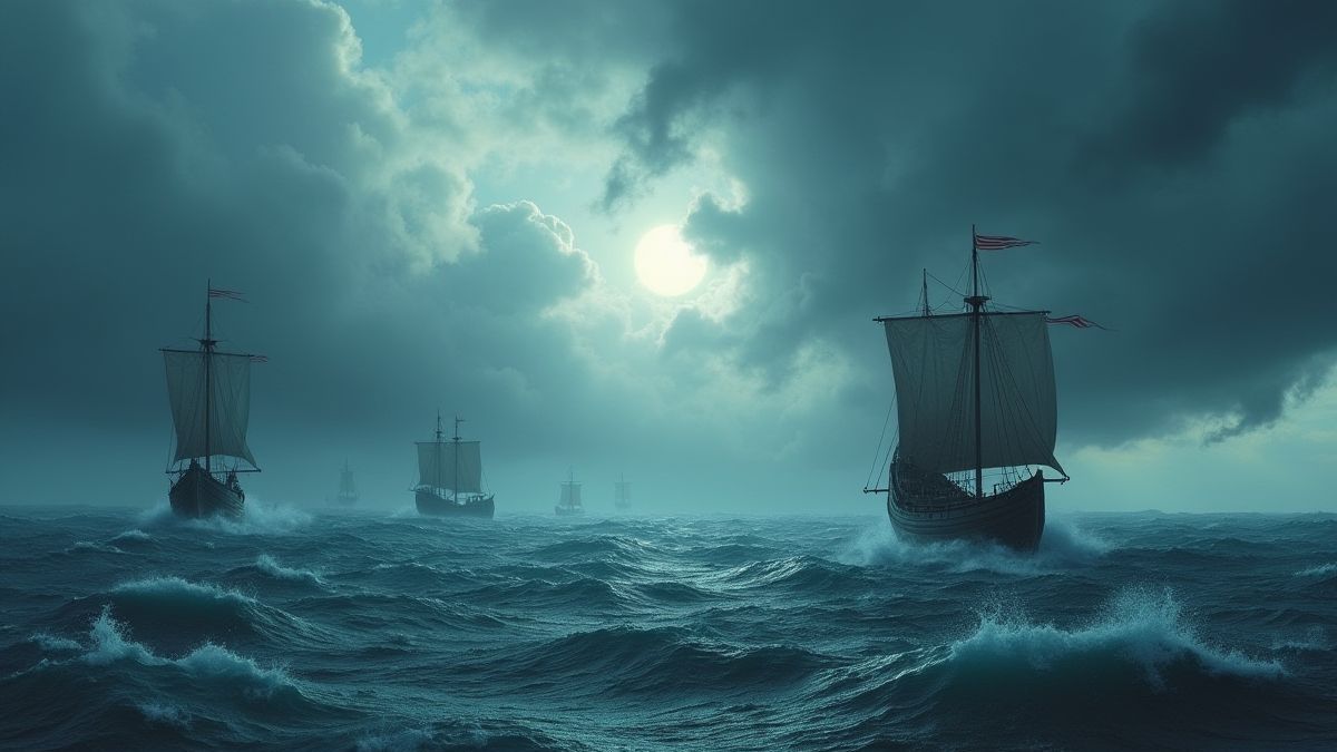 Stürmisches Meer mit Wikingerschiffen, die unter einem dramatischen Himmel segeln.