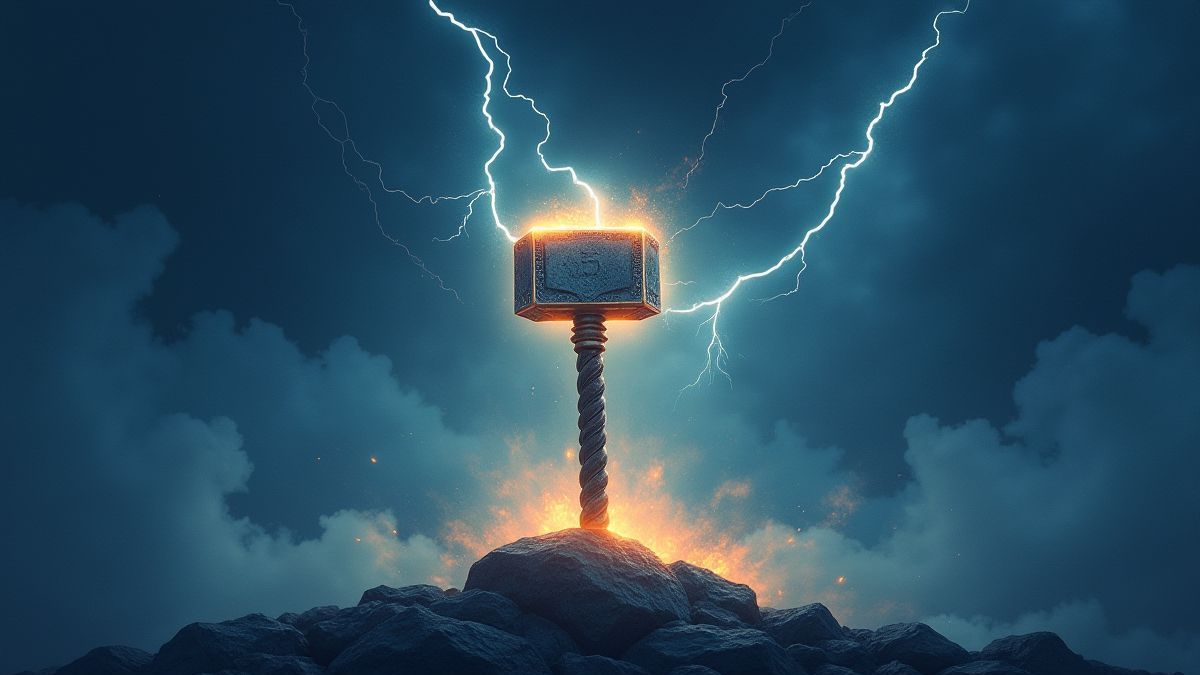 De hamer van Thor verlicht in een stormachtige lucht.
