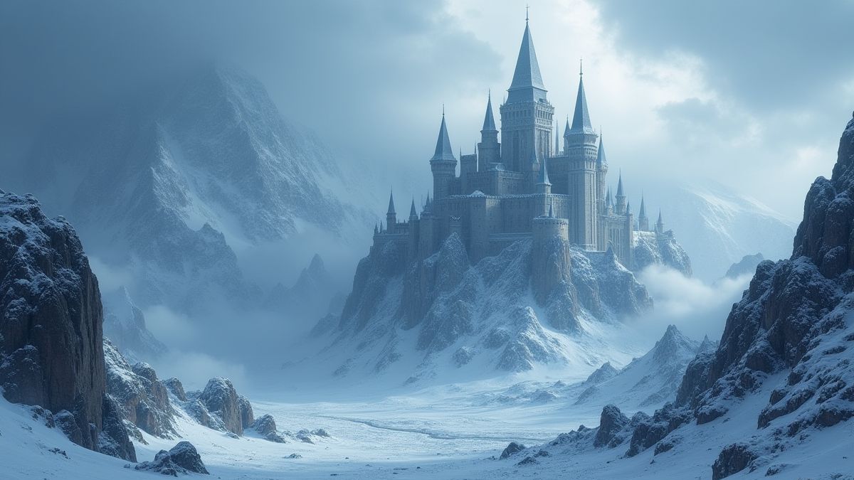 Castillo místico rodeado de montañas nevadas y cielos oscuros.