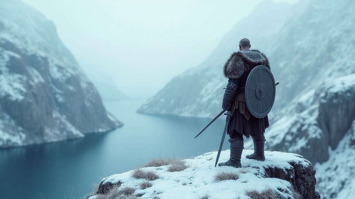 Ein Wikinger-Krieger steht auf einer verschneiten Klippe mit Blick auf einen Fjord.